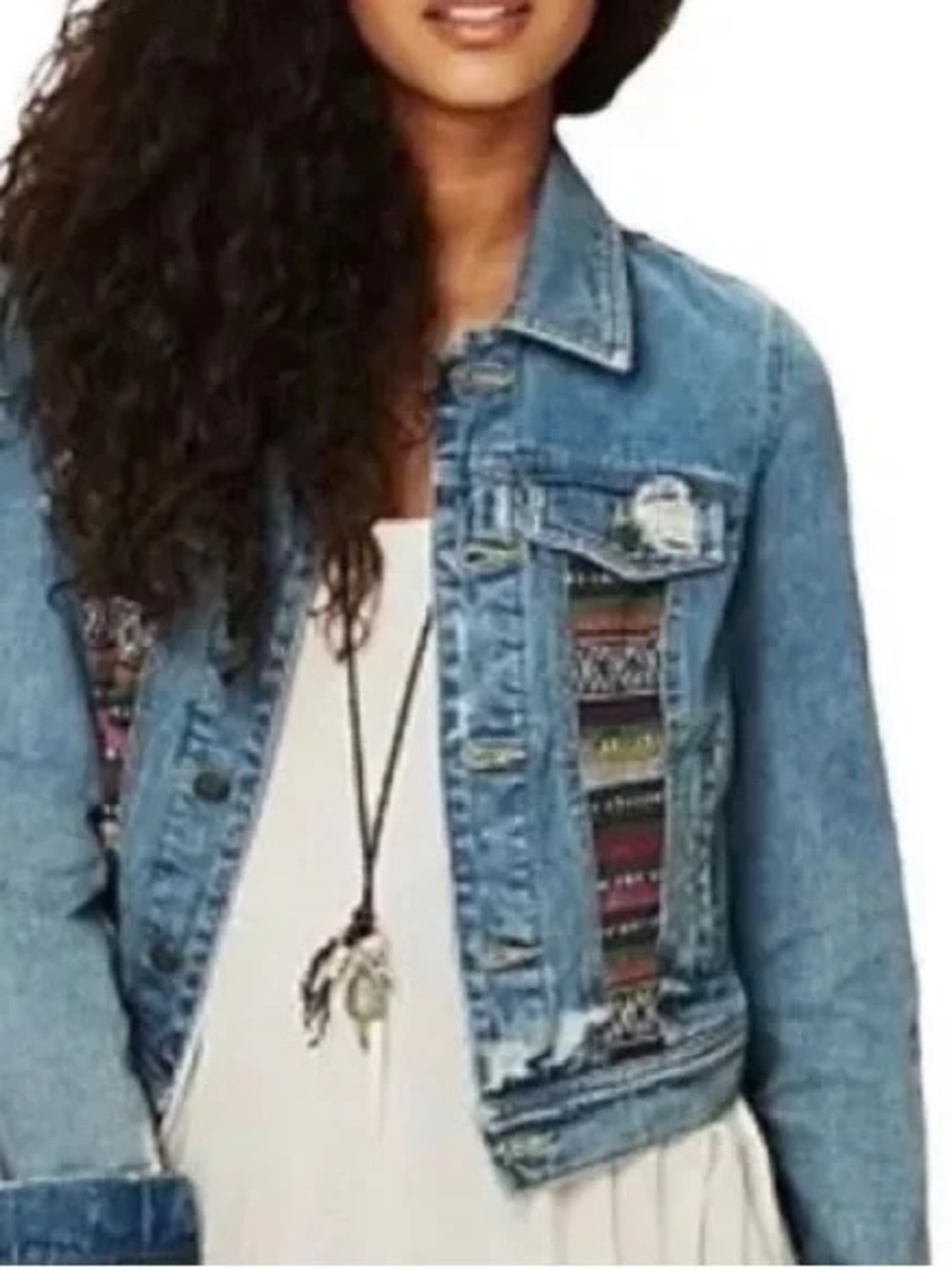 Free People Blue Denim Jacket with Multi-Color Inset Panels